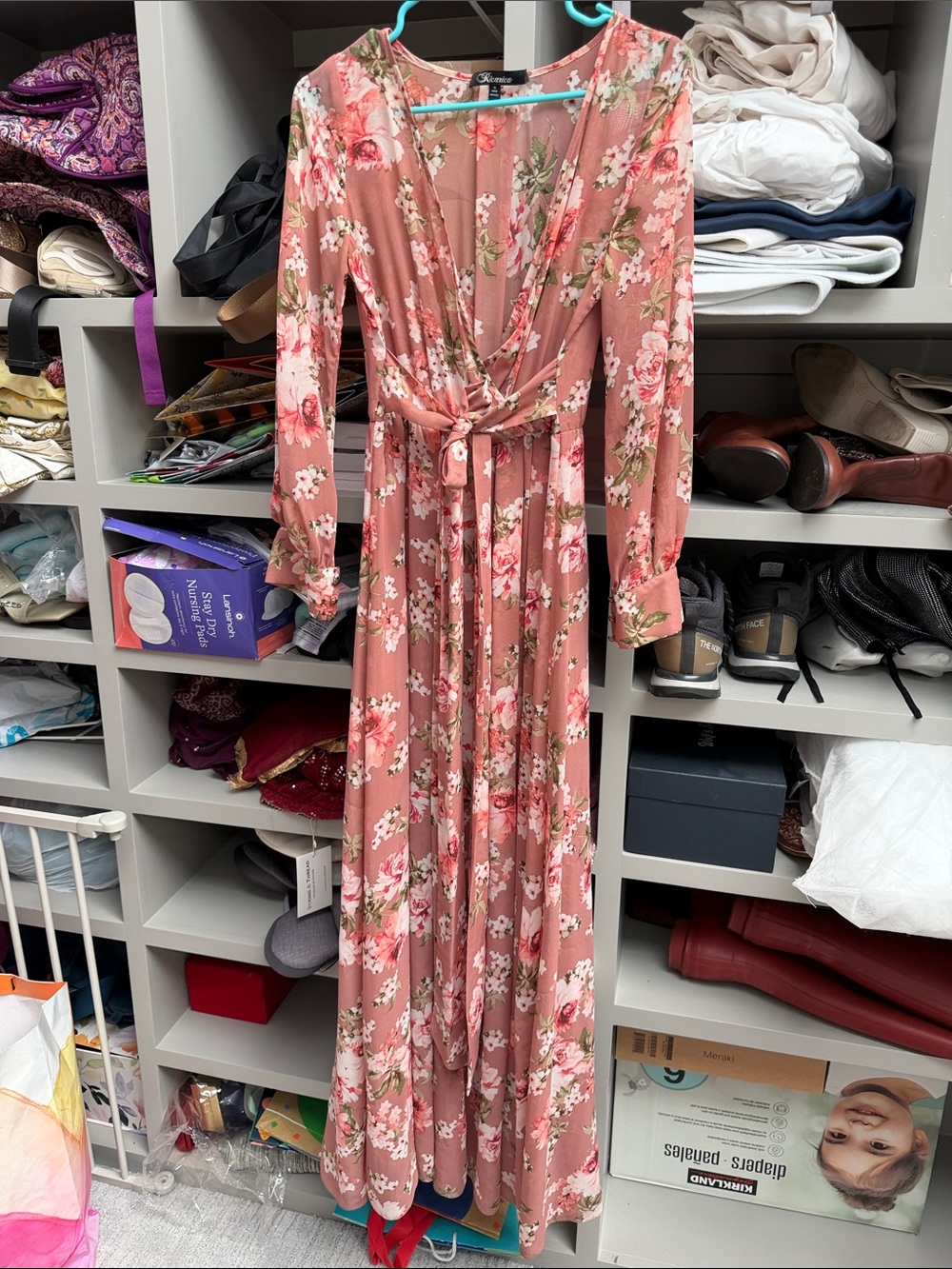 Romantic Rose-Pink Floral Maxi Dress with Tie Waist